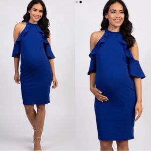 Royal Blue Mock Neck Ruffle Trim Fitted Maternity Dress